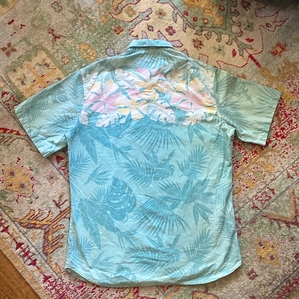 Men's Vintage Hawaiian Shirt Size Large Blue Pink Floral Aloha Palm Hibiscus 90s - Picture 6 of 7